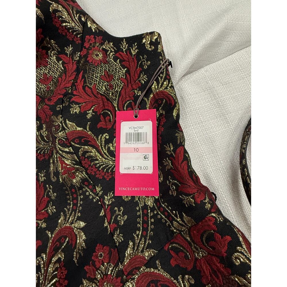 NWT Vince Camuto Dress Size 10 Black Red Gold Brocade Fit Flare Belted - Picture 3 of 5